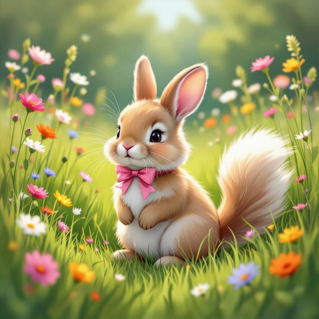 Cute Baby Rabbit with Cat Tail in Whimsical Style