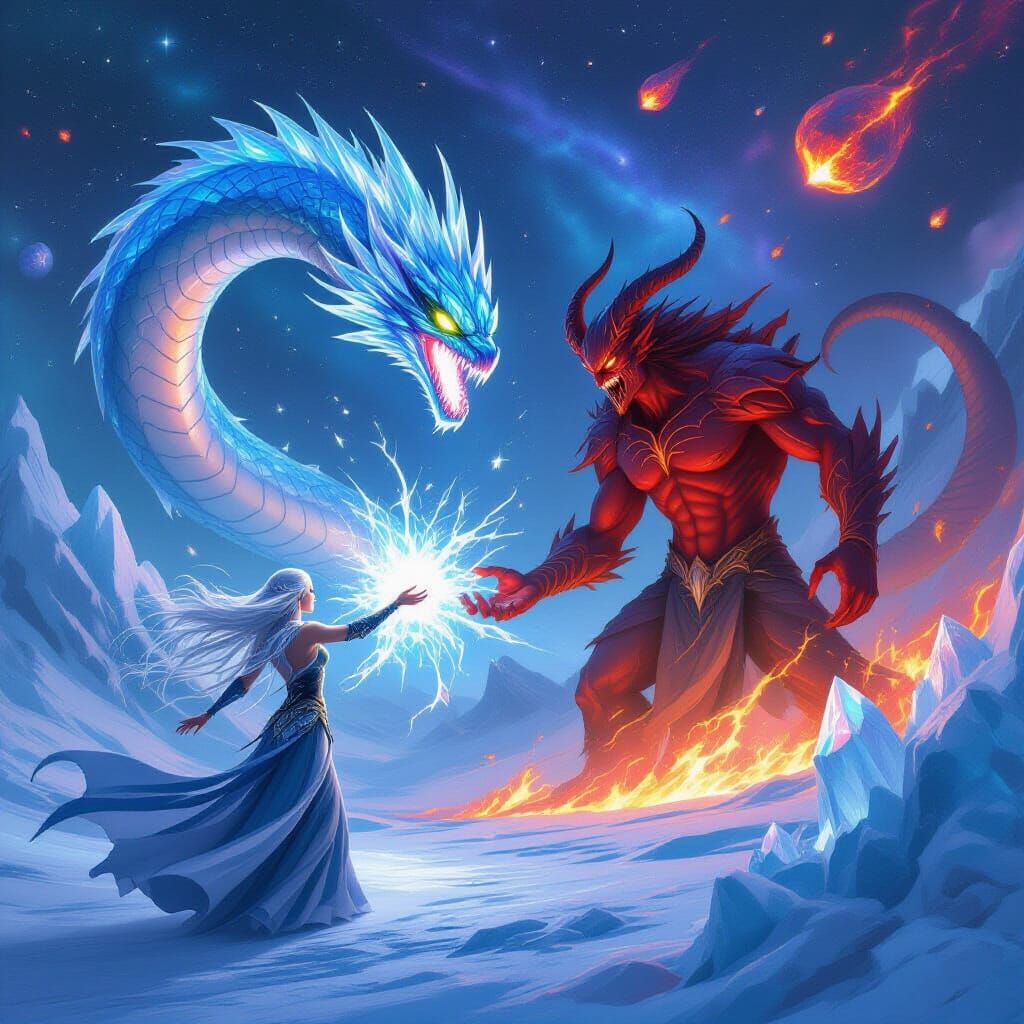 Elven Cryomancer Unleashes Ice Serpent on Lava Demon