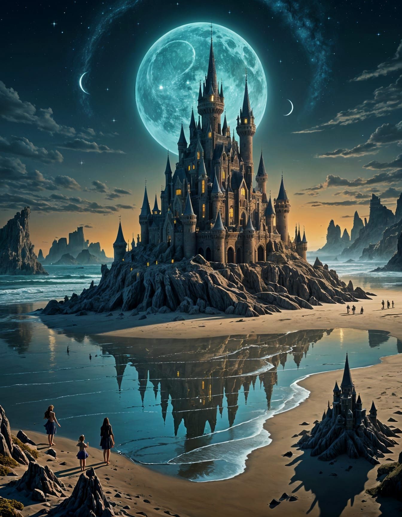 Surreal and Majestic Moonlit Sandcastle