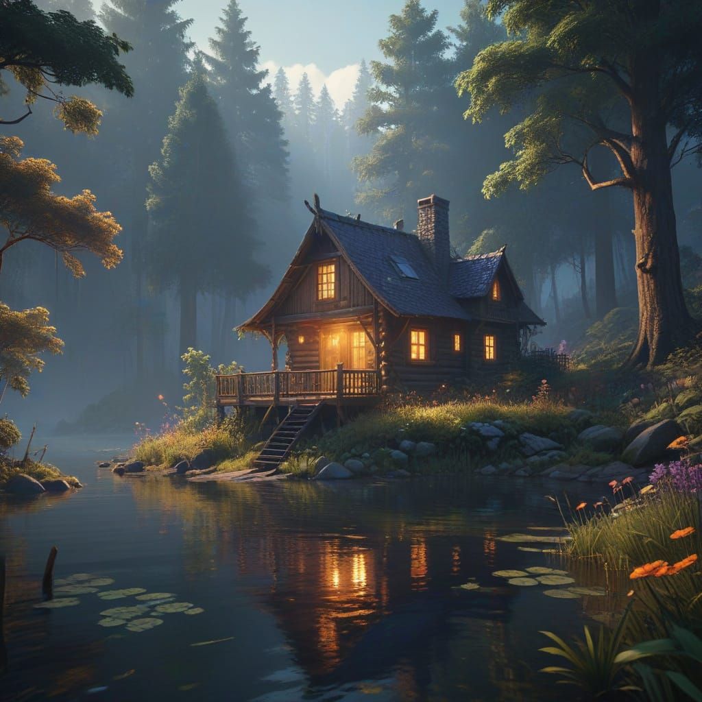Cozy Whimsical Fantasy Cabin by a Serene Lake in Soft Warm L...