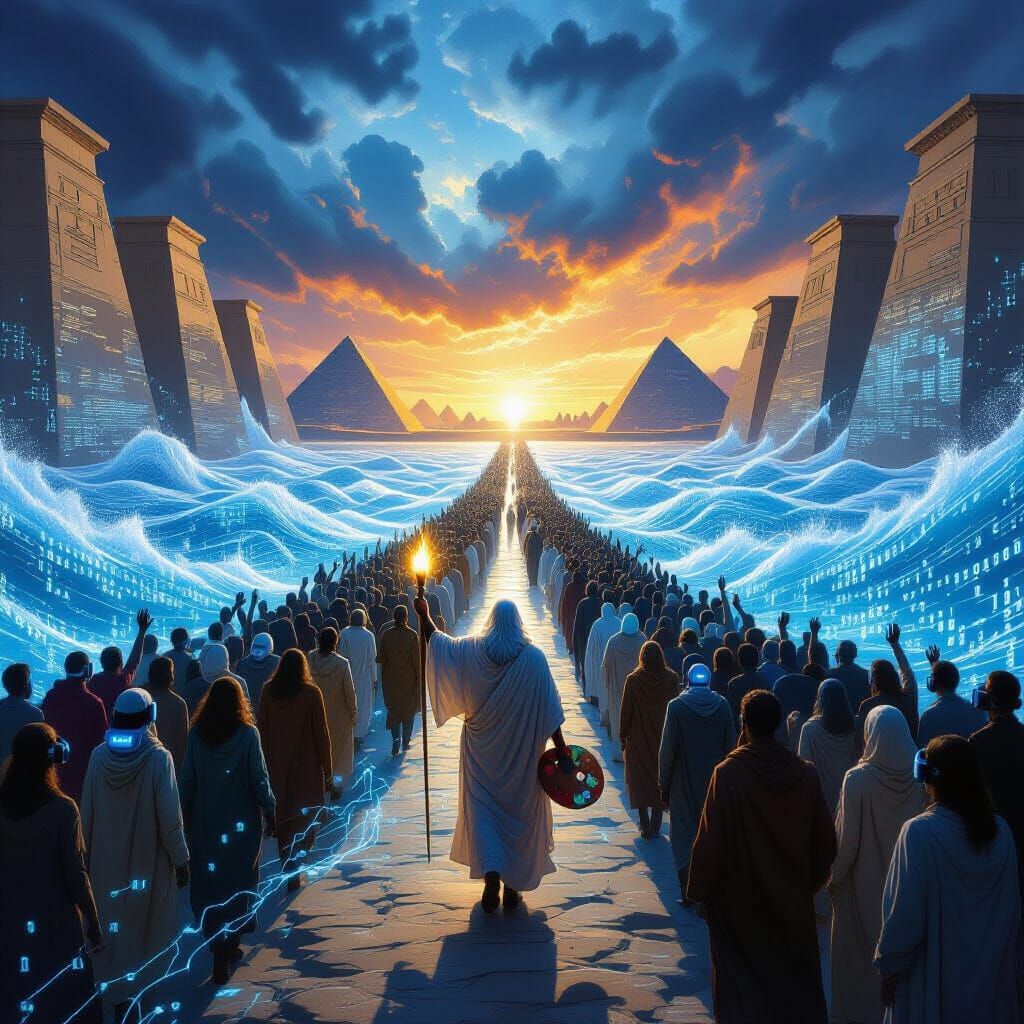 Modern Exodus: An Epic Oil Painting of Digital Liberation