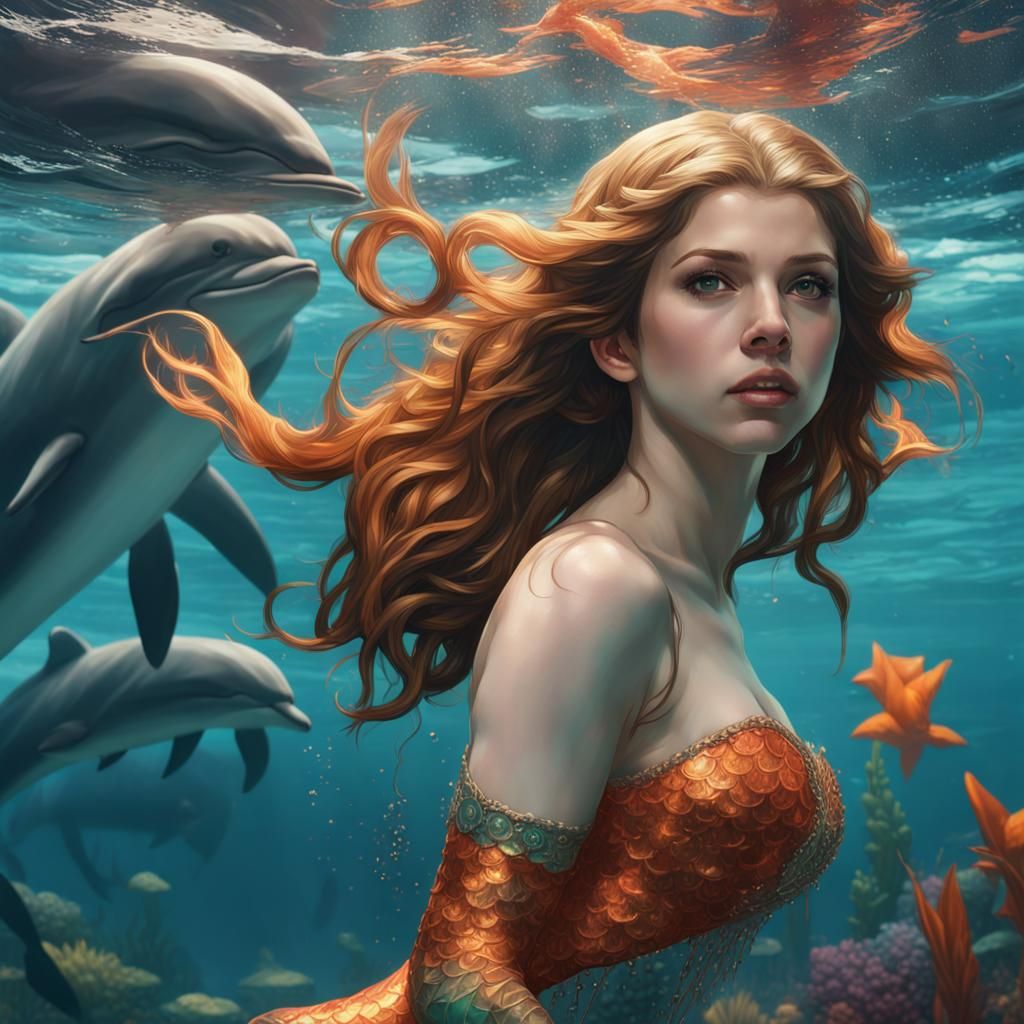 Mermaid Anna Kendrick with Dolphins, Digital Art