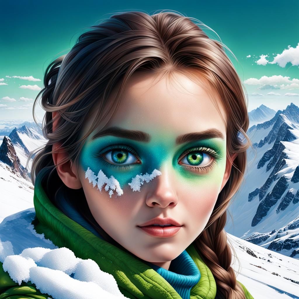 Snowy Mountain Landscape with a Beautiful Woman in 3D