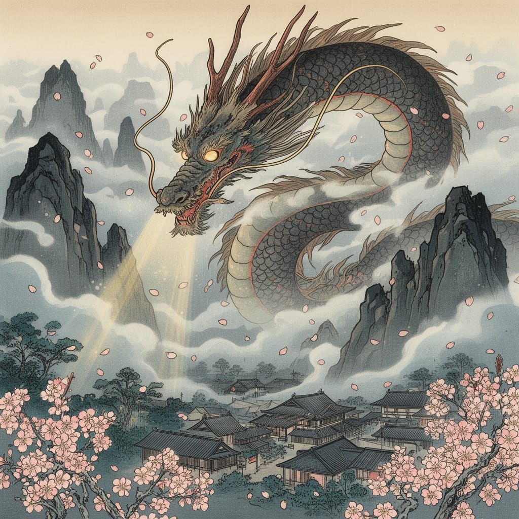 Majestic Japanese Dragon Soars Over Misty Mountains in Ukiyo...