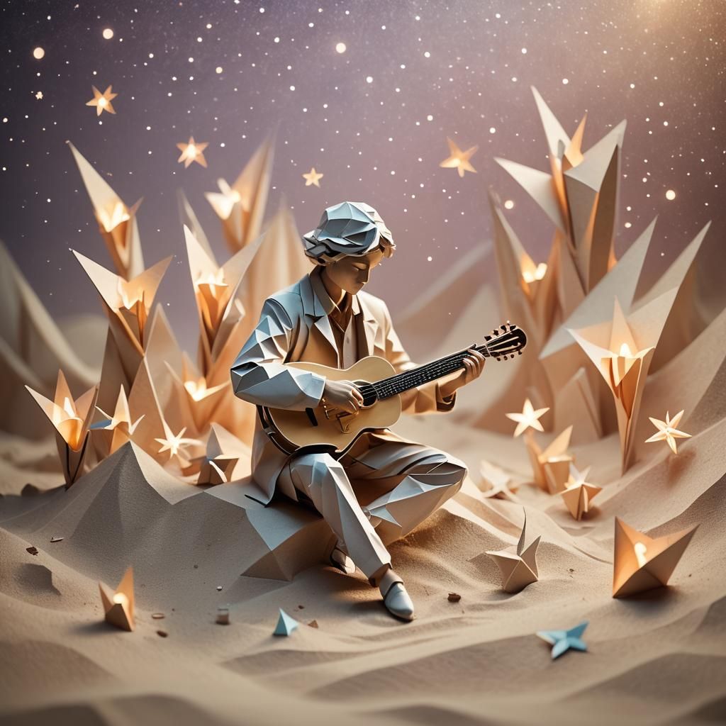 Dreamlike Musician in Papercraft Style with Starry Tapers