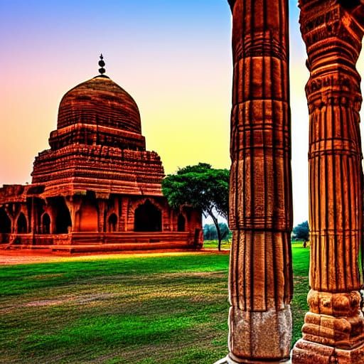 Iron Pillar and Qutub Minar in Golden Light
