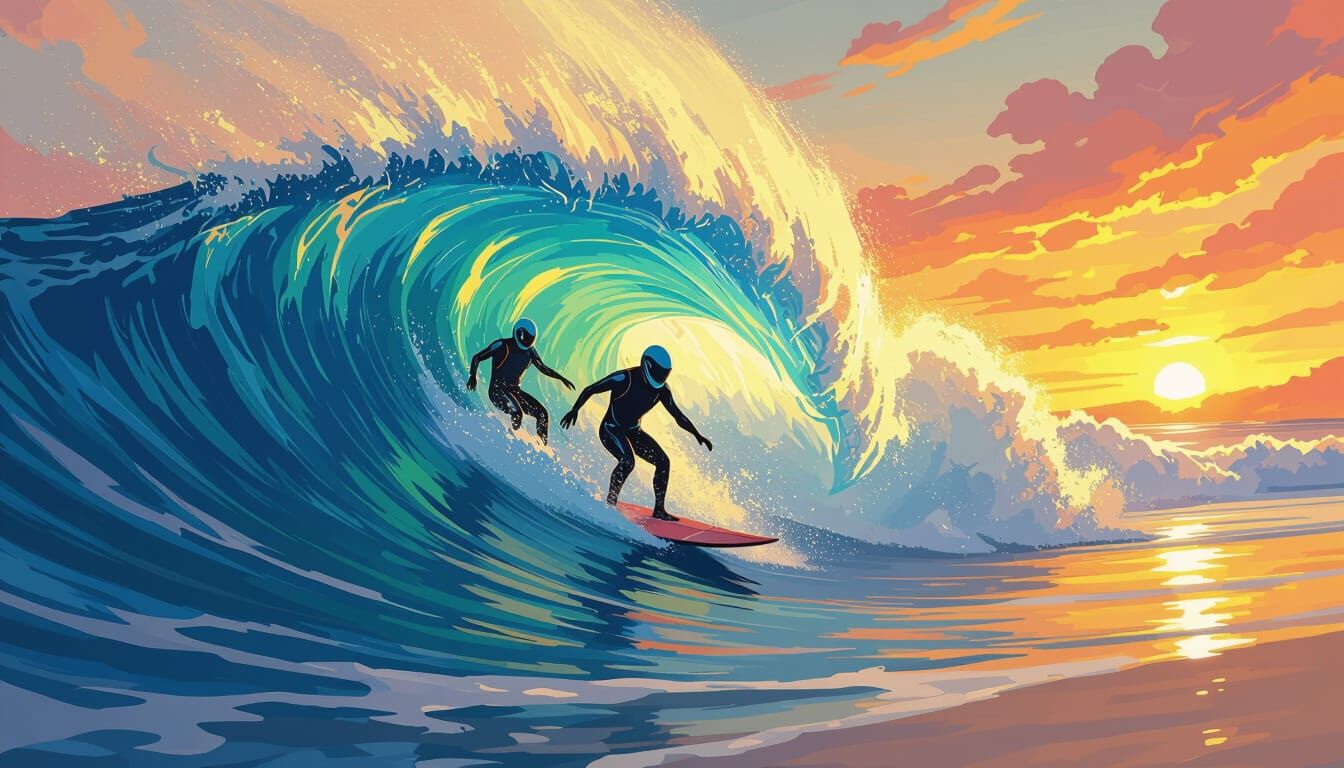 Space Aliens Surf Arctic Wave at Sunset