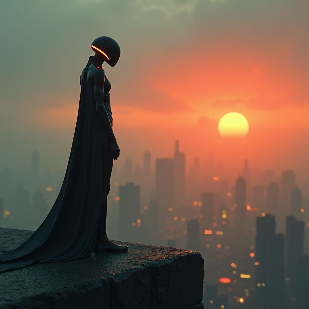 Dystopian Android in Cyberpunk Cityscape