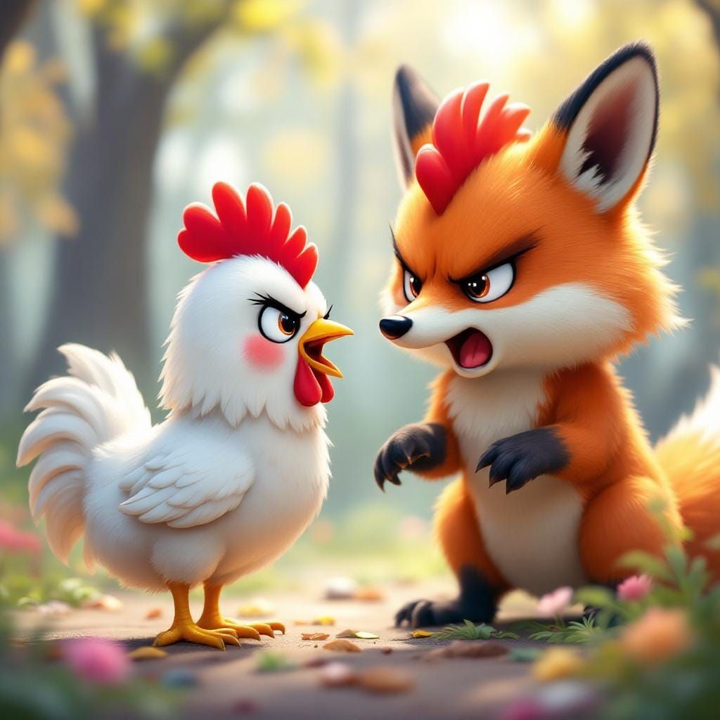 Angry Chicken Shouts at Fox in Kawaii Anime Style