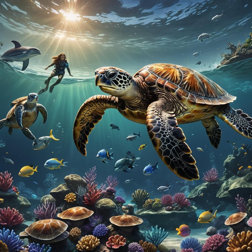 Sea Turtle's Tale: Mermaid and Dolphin in Ocean Art