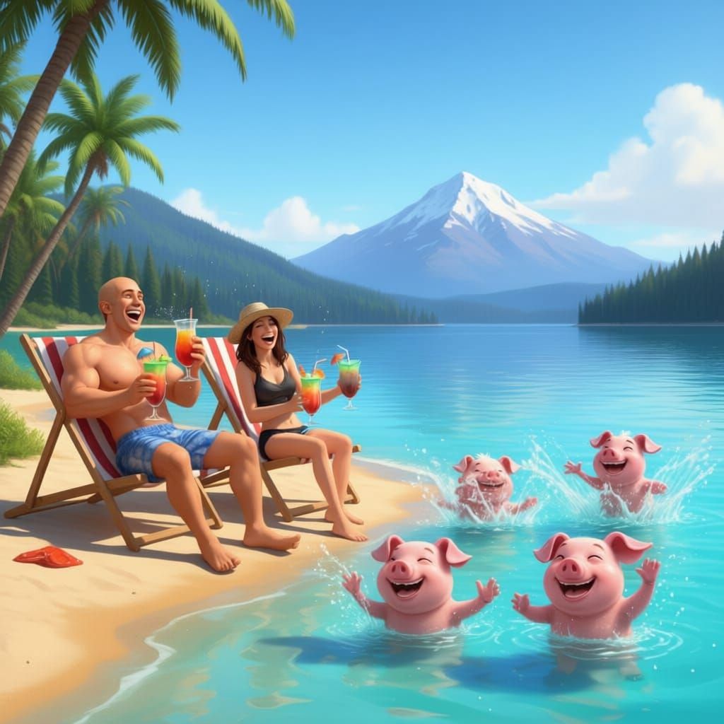 Bo and Christina Relax on Lake Tahoe Shore with Pigs
