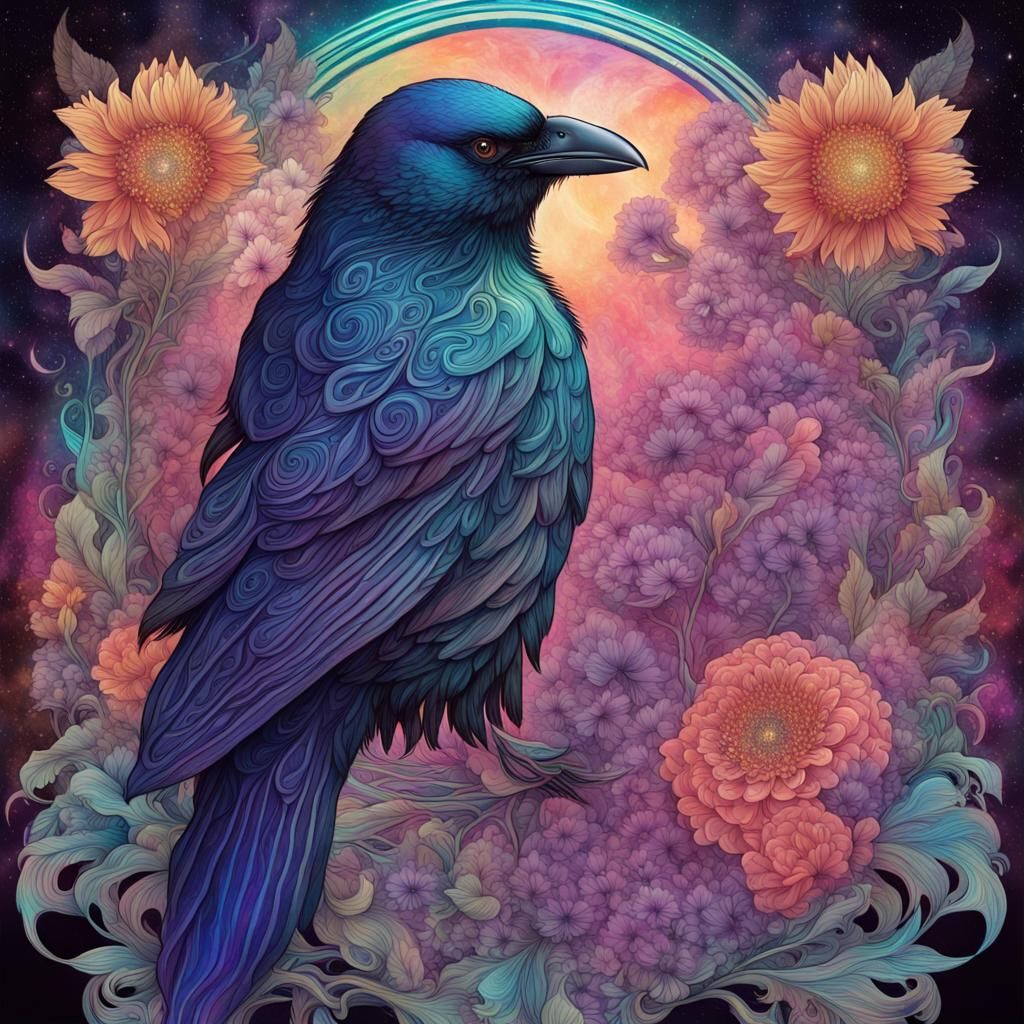 Art Nouveau Smoke Crow with Flowers