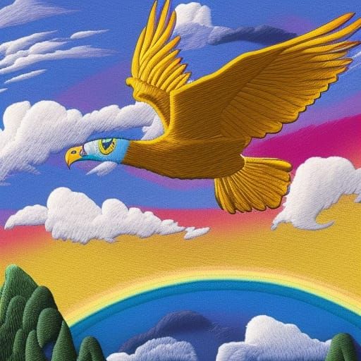 Golden Eagles Soaring in Rainbow Sky, Flamboyant Embroidery ...