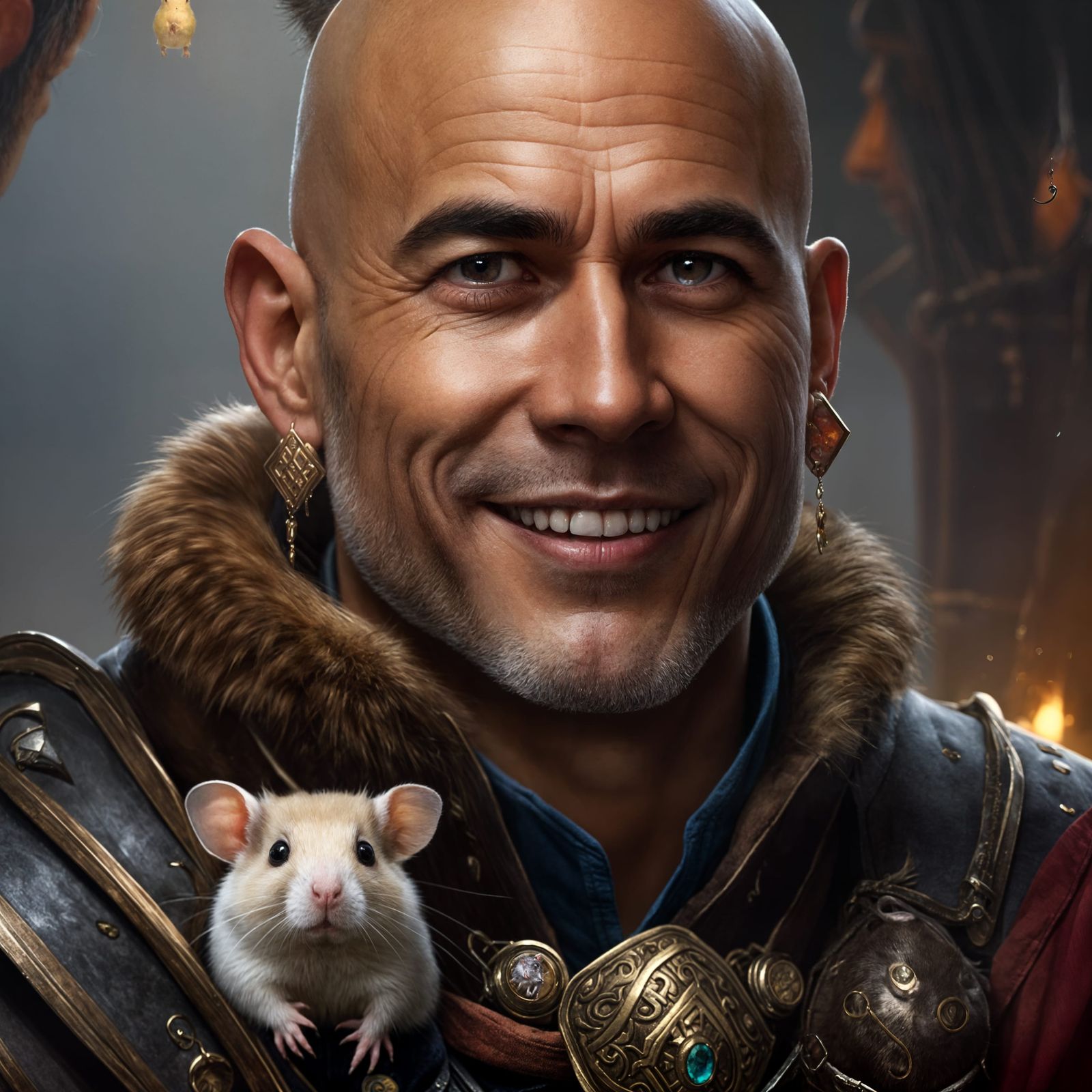 Bald Ranger Portrait with Hamster Companion