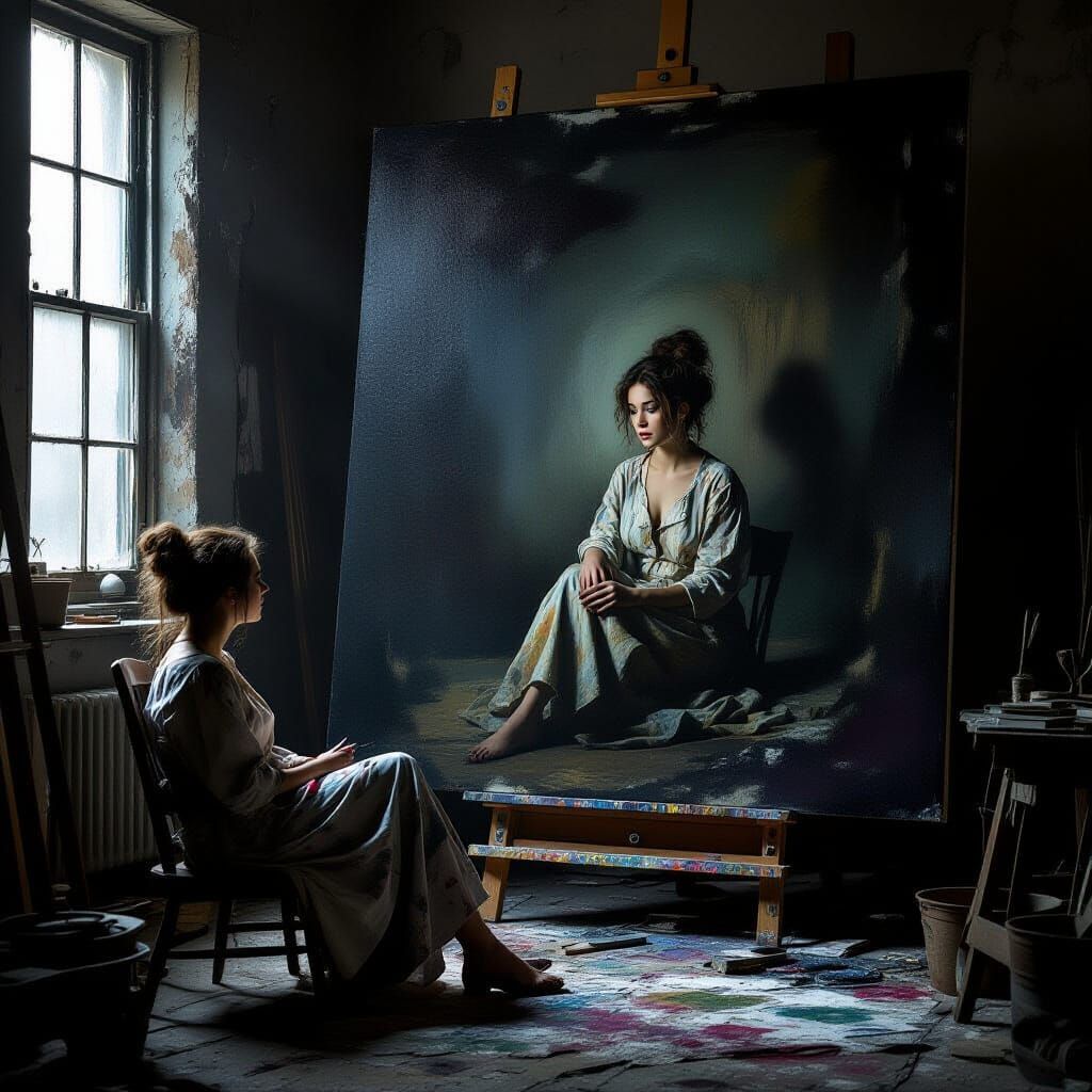 Eccentric Artist Lost in Thought Before Surreal Canvas