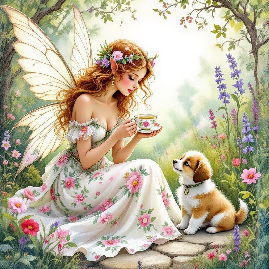 Whimsical Fairy Tea Party with Puppy