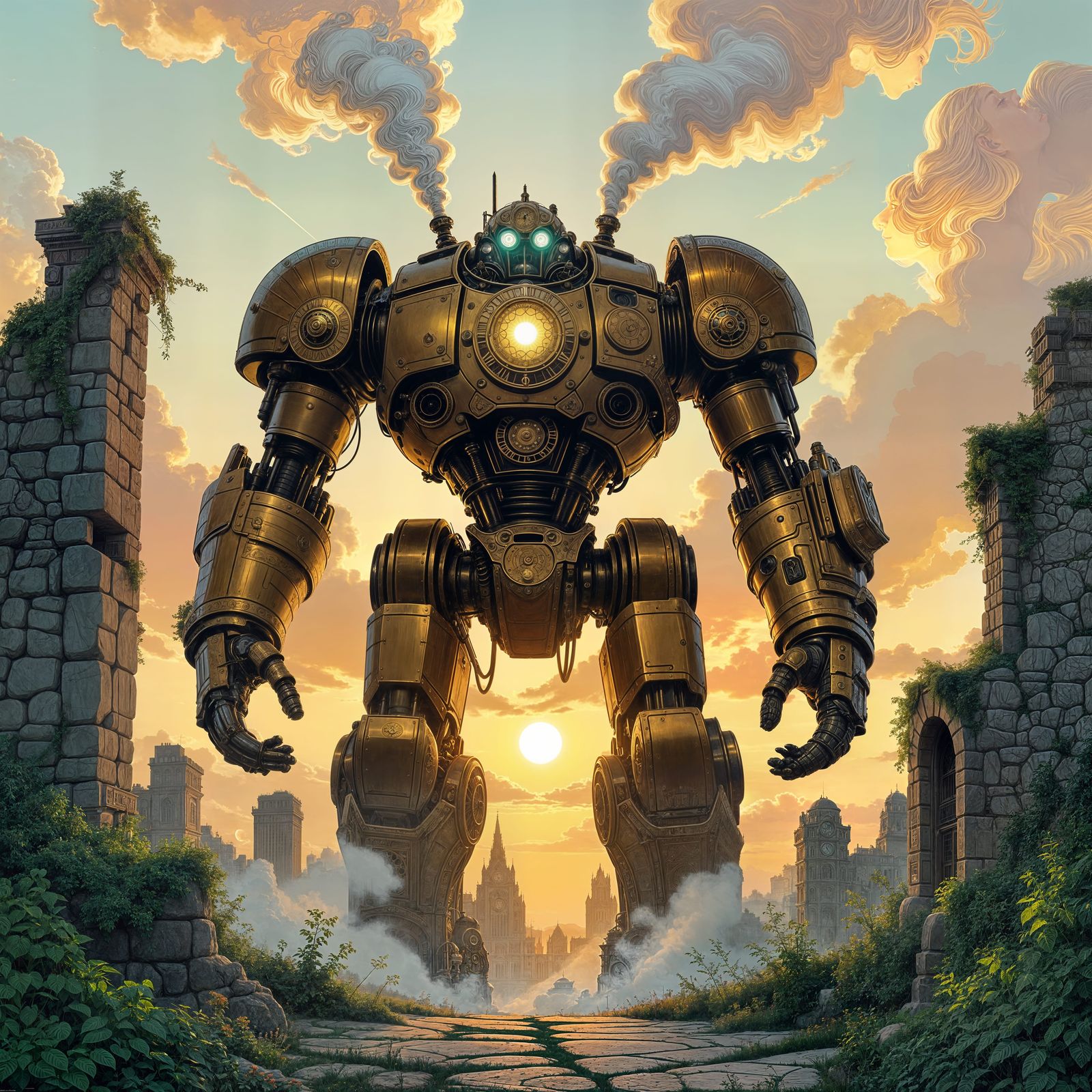 Mechanical Titan Guards Overgrown Castle Ruins in Steampunk ...