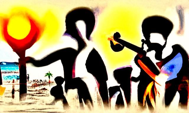 Latin Band on Beach at Sunset: Airbrush Art