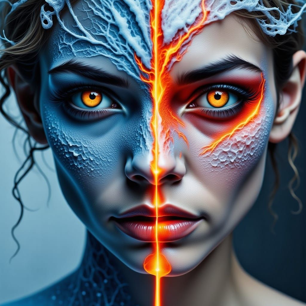 Fire and Ice Duality Portrait: Blazing Lava Meets Crystallin...