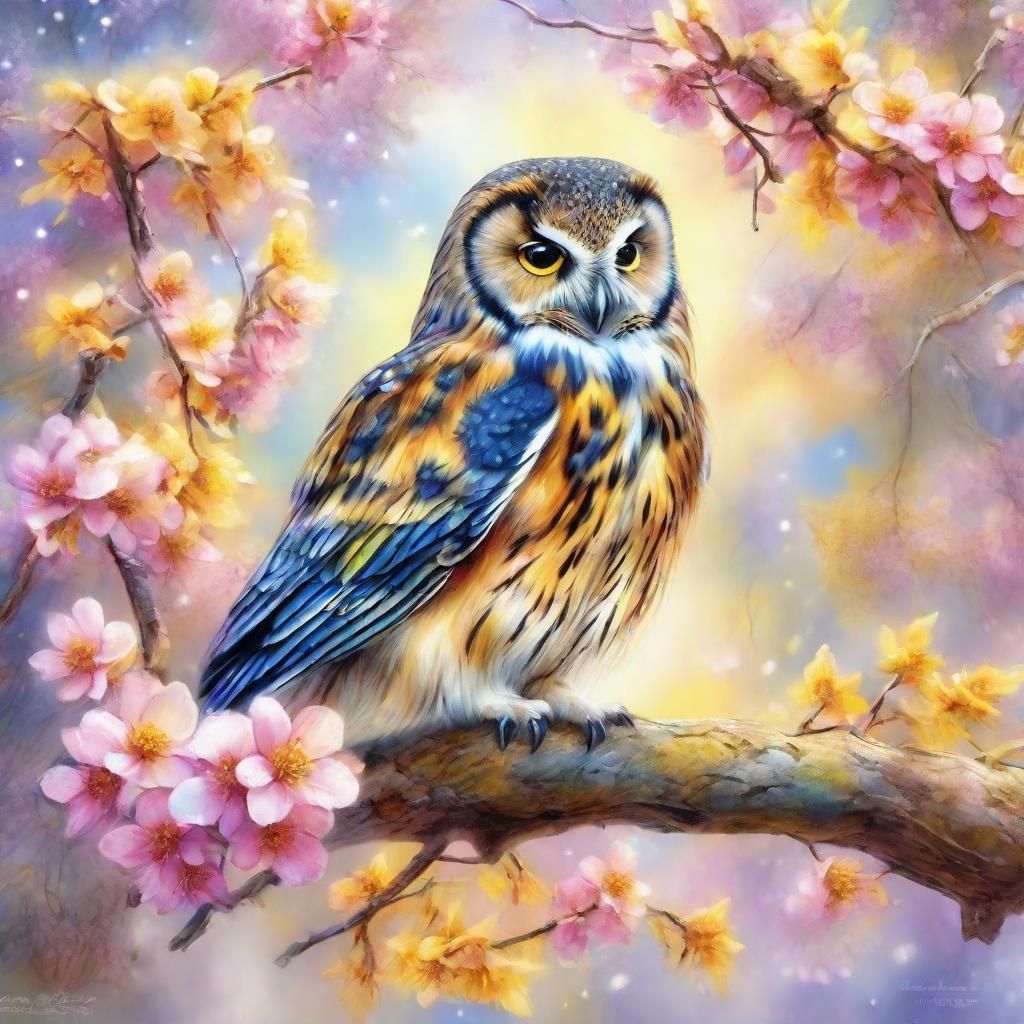 Owl on Blossom Branch in Digital Watercolor