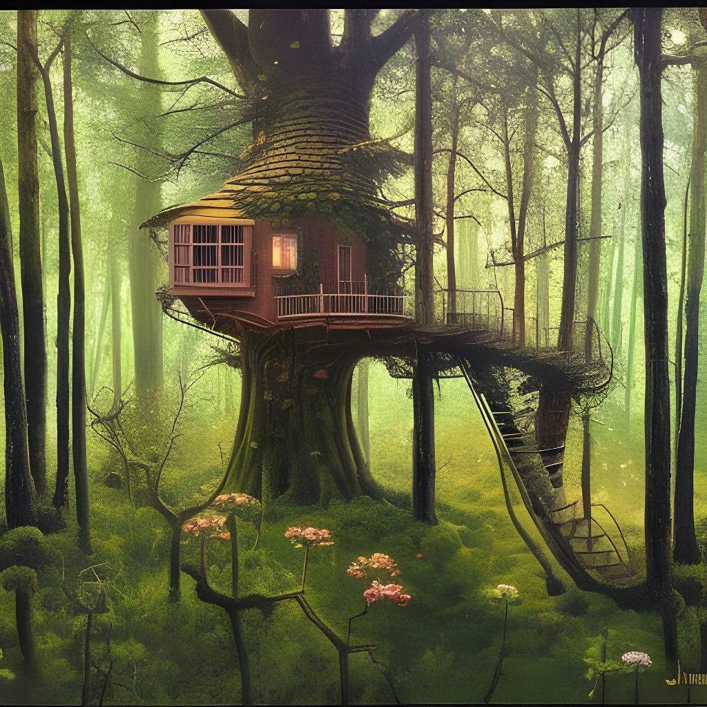 Enchanted Treehouse in Forest, Oil Painting