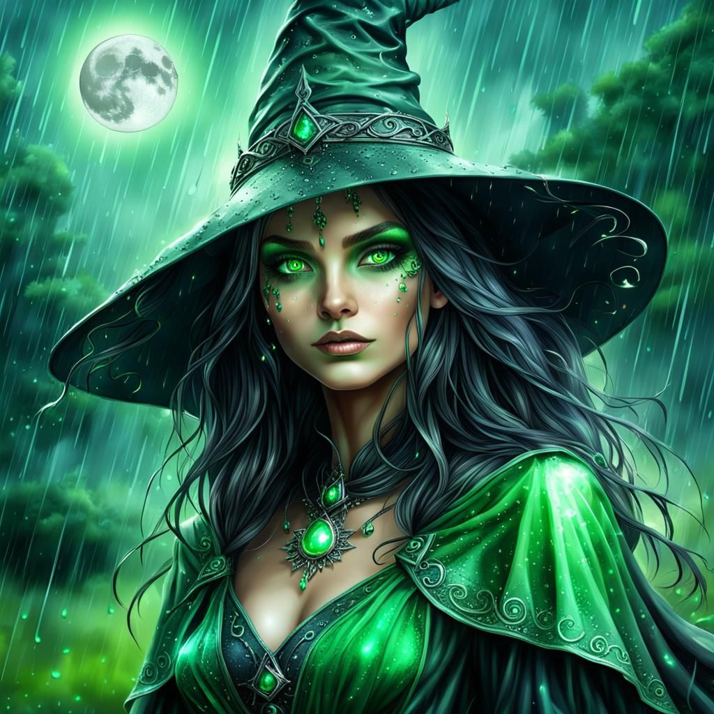 Bewitching Sorceress in Rain with Green Metallic Eyes