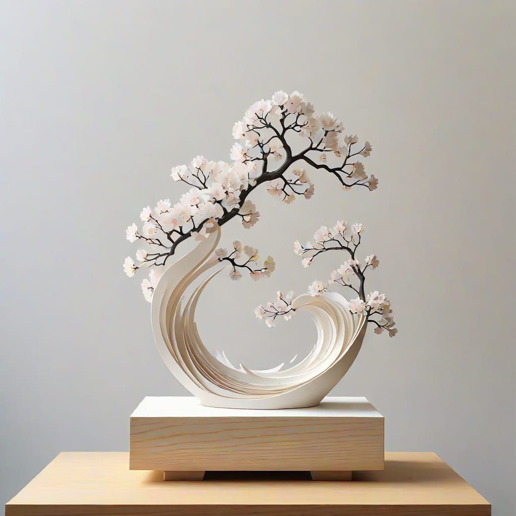 Minimalist Sakura Ikebana Sculpture in Natural Light