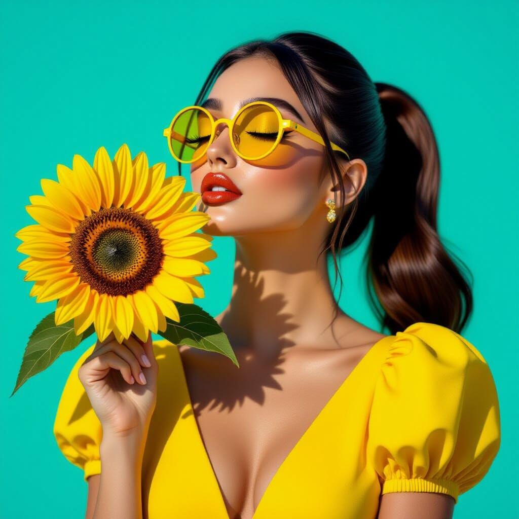 Young Woman in Yellow Dress with Sunflower, Photorealistic P...