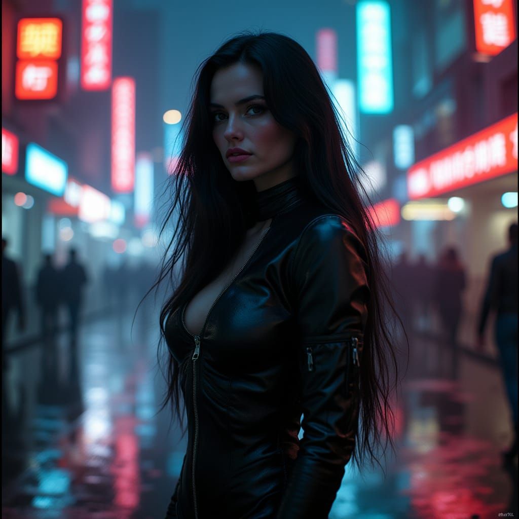 Futuristic Cityscape: Woman in Catsuit in Cyberpunk Style