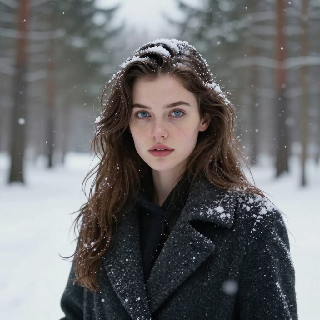 Cinematic Winter Portrait of a Woman in Gentle Snowfall