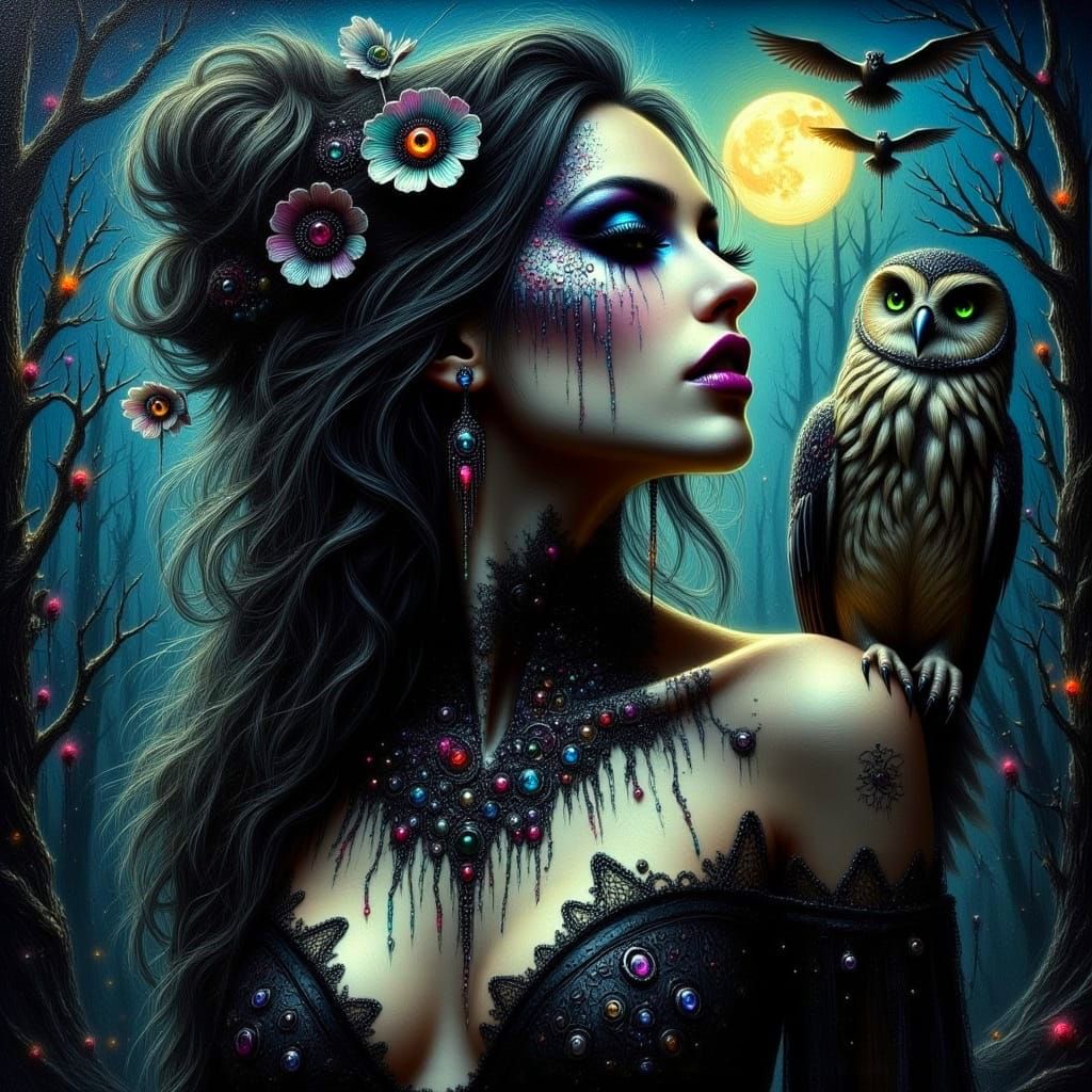 Gothic Witch Takes Flight in Moonlit Darkness