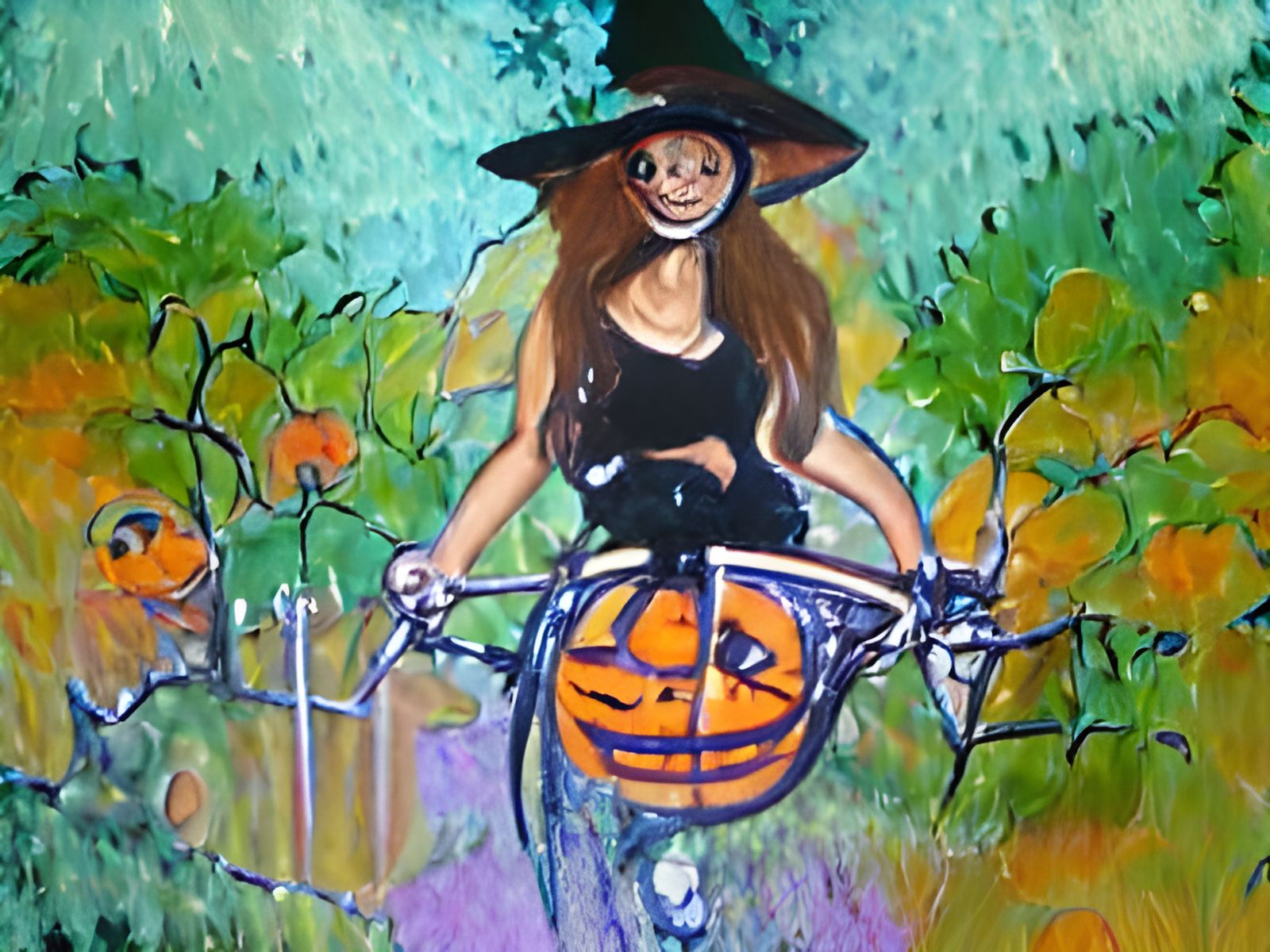Lavender Witch on Bicycle, Acrylic Painting