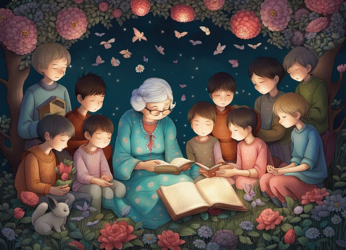Grandmother Reads Story in a Magic Realism Style