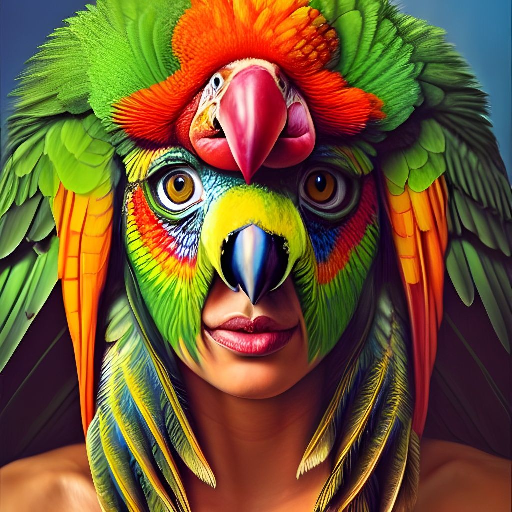 Parrot-Woman Chimera in Hyperrealistic Oil Painting