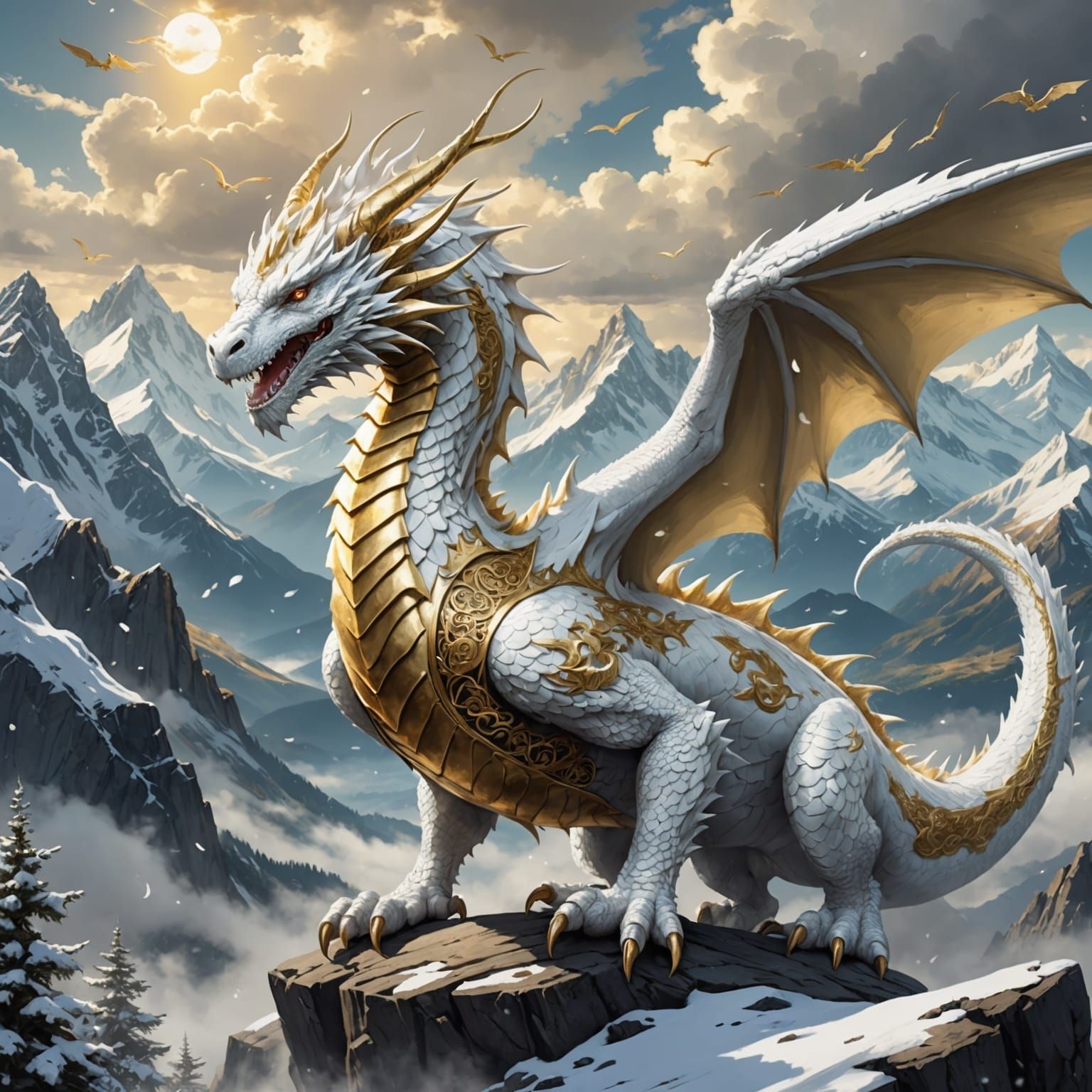 Majestic White Dragon in Anime Style Landscape