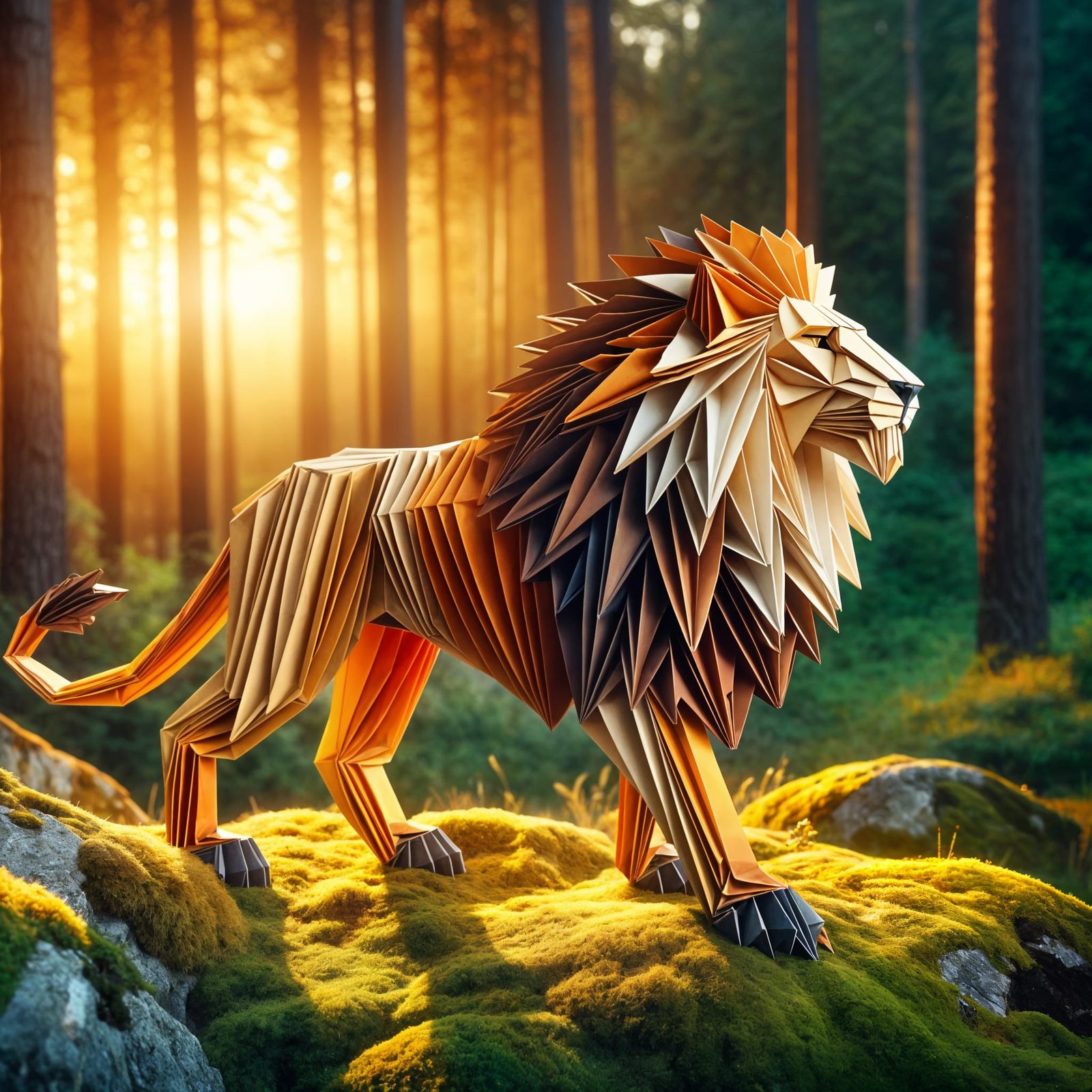 Majestic Origami Lion in Golden Hour Forest