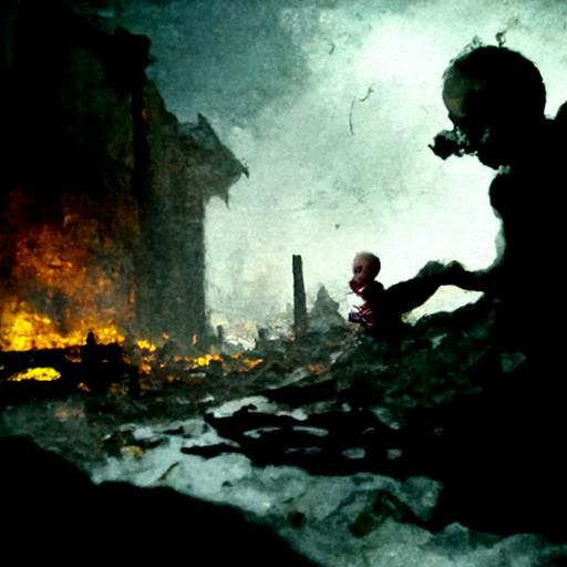 Sinister Baby in Burning Ruins: A Dark Fantasy Image