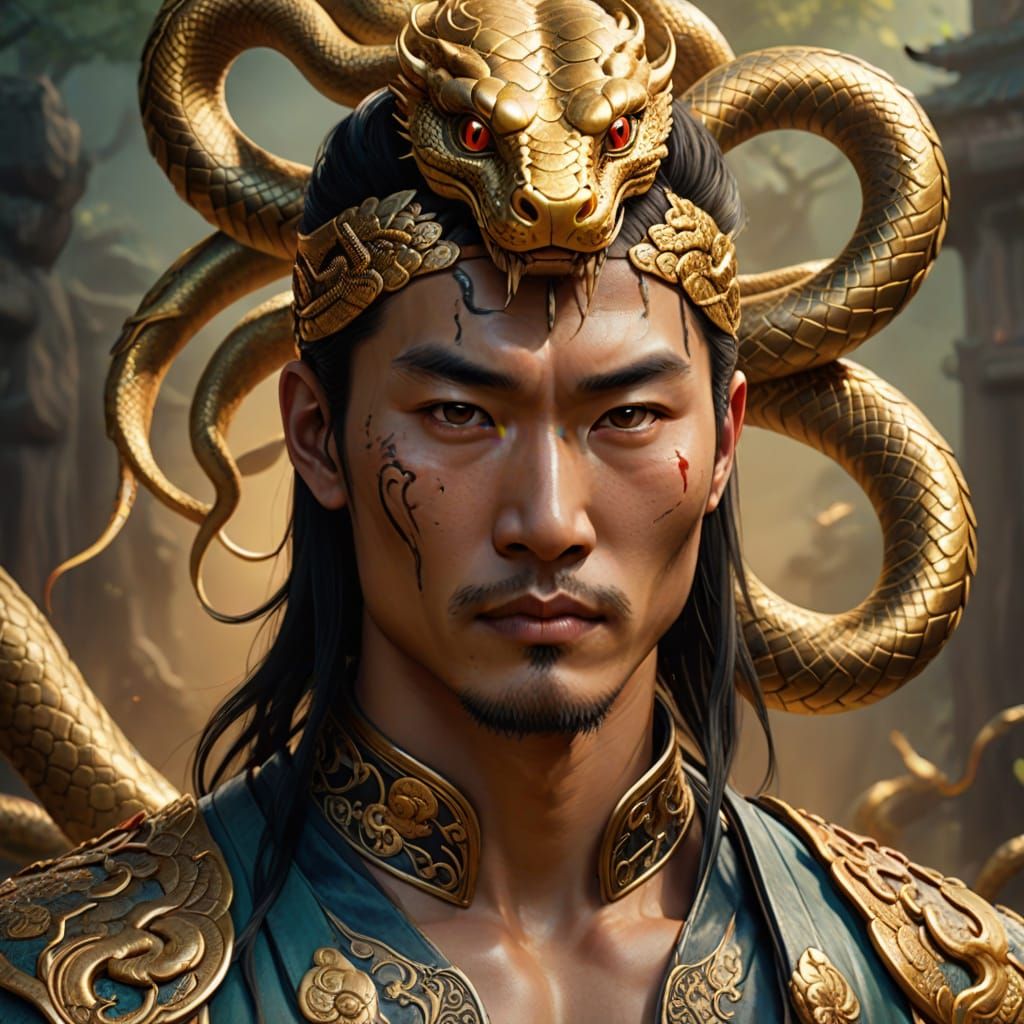 Surreal Portrait of a Chinese Man with a Golden Snake, Award...