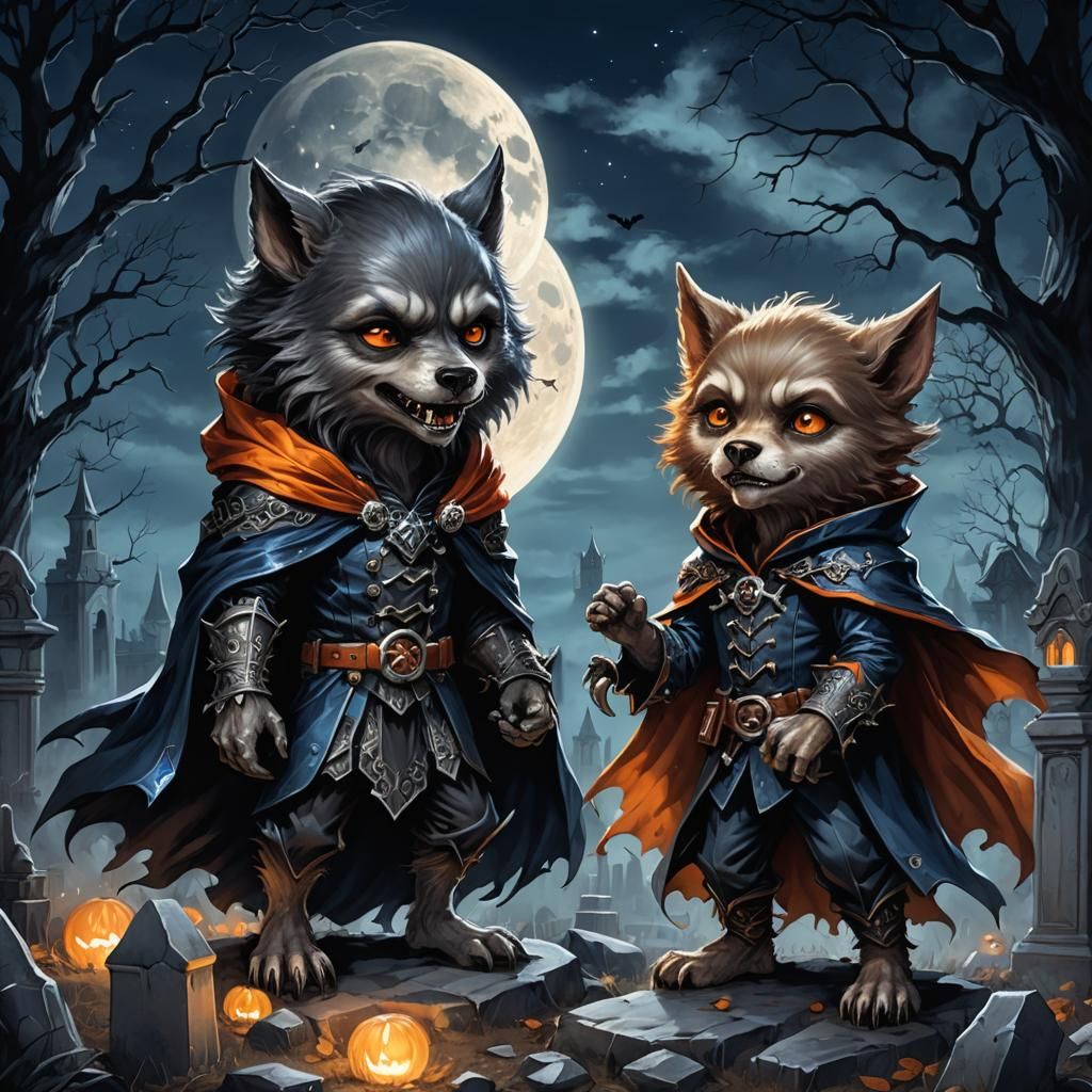 Chibi Werewolf and Vampire Graveyard Playtime in Gothic Styl...