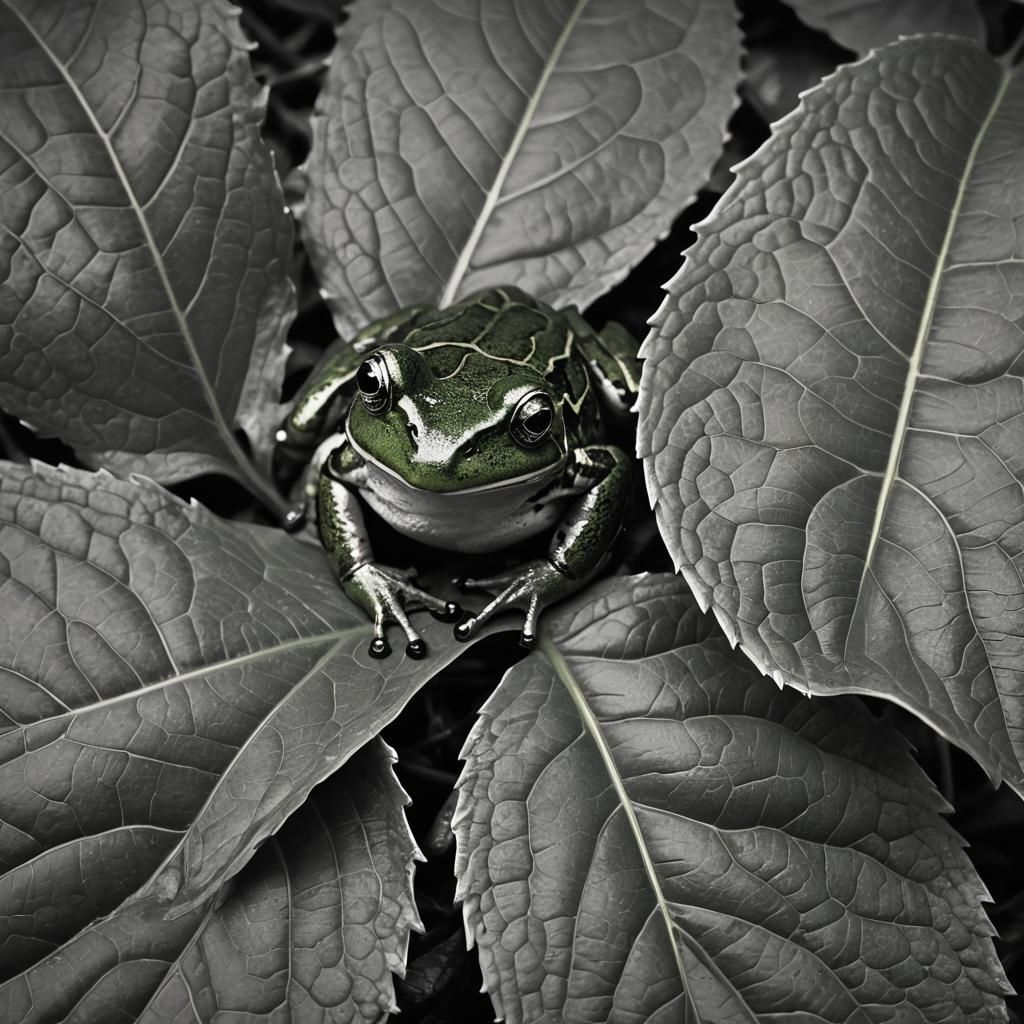 Green Frog on Greyscale Leaves, Cinematic Photography