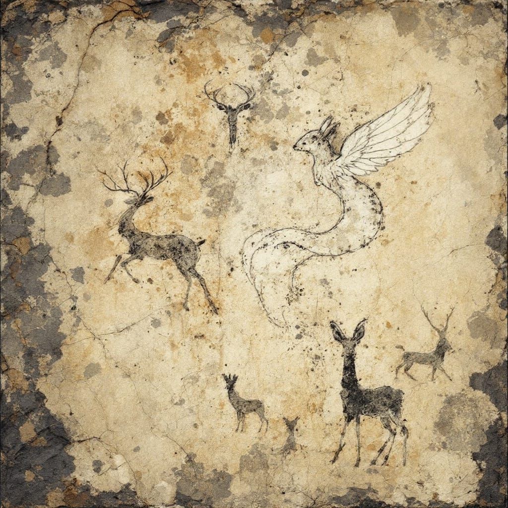 Prehistoric Phoenix Squirrel Cave Painting in Faded Grey Lin...