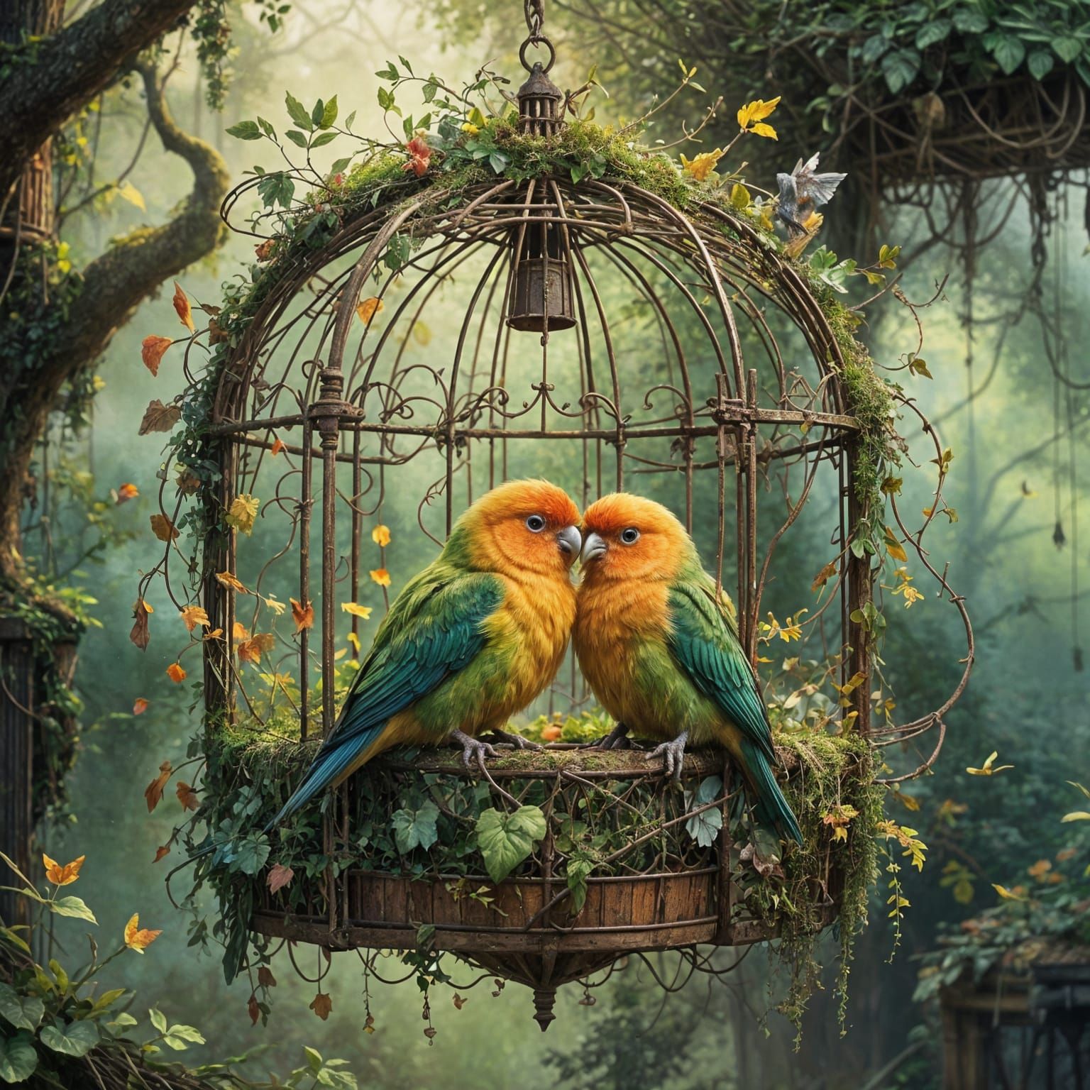 Lovebirds Escape a Rusted Cage, Free Birds Soar