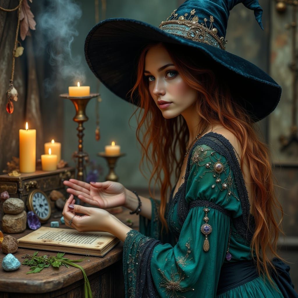 Bohemian Witch Performing Ritual at Altar
