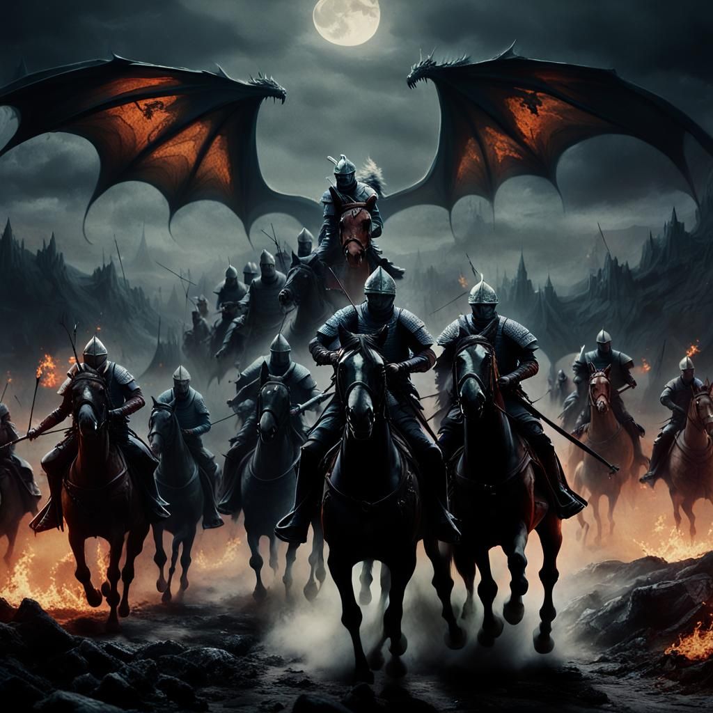 Medieval Battle with Dragon in Dramatic Lighting