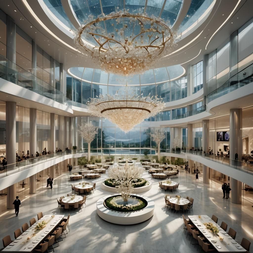 Elliptical Ceremony Building with Glass Walls: Hyperrealisti...