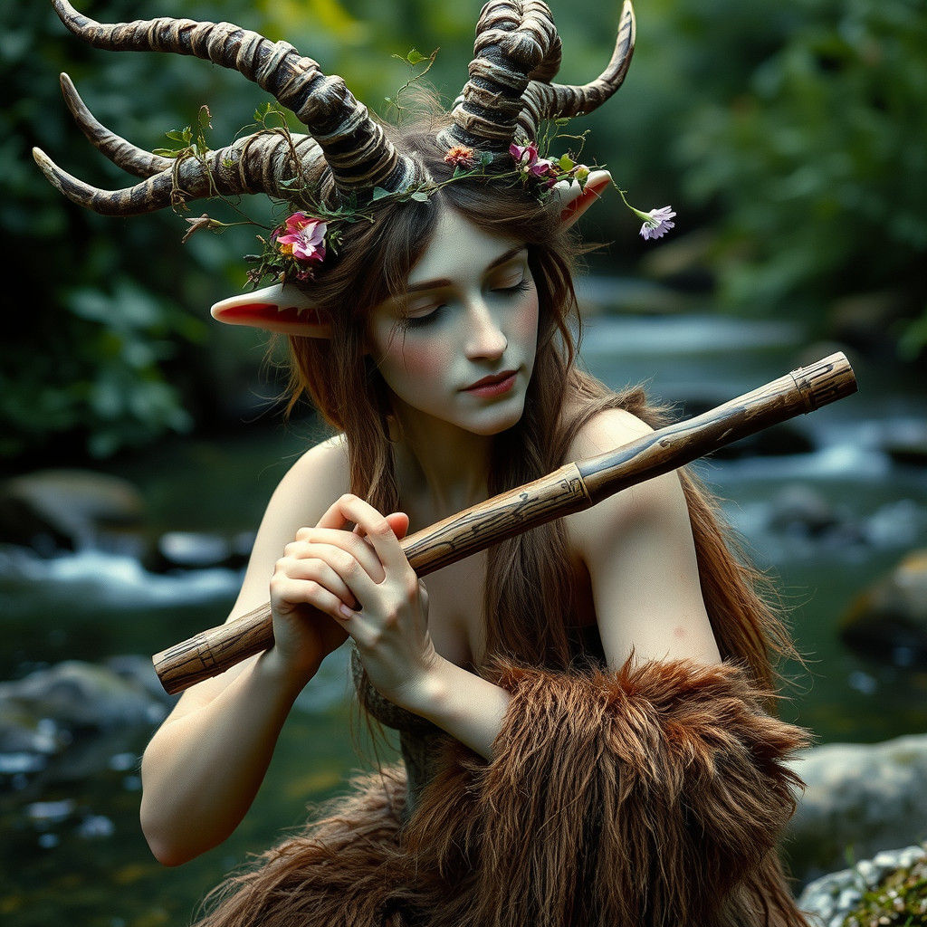Faun Plays Flute by Stream, Brian Froud Style