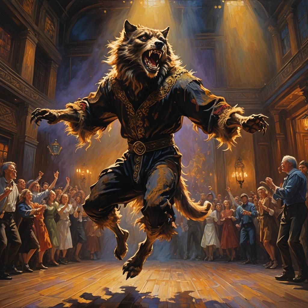 Werewolf Dancer Leaps on Stage as Oil Painting