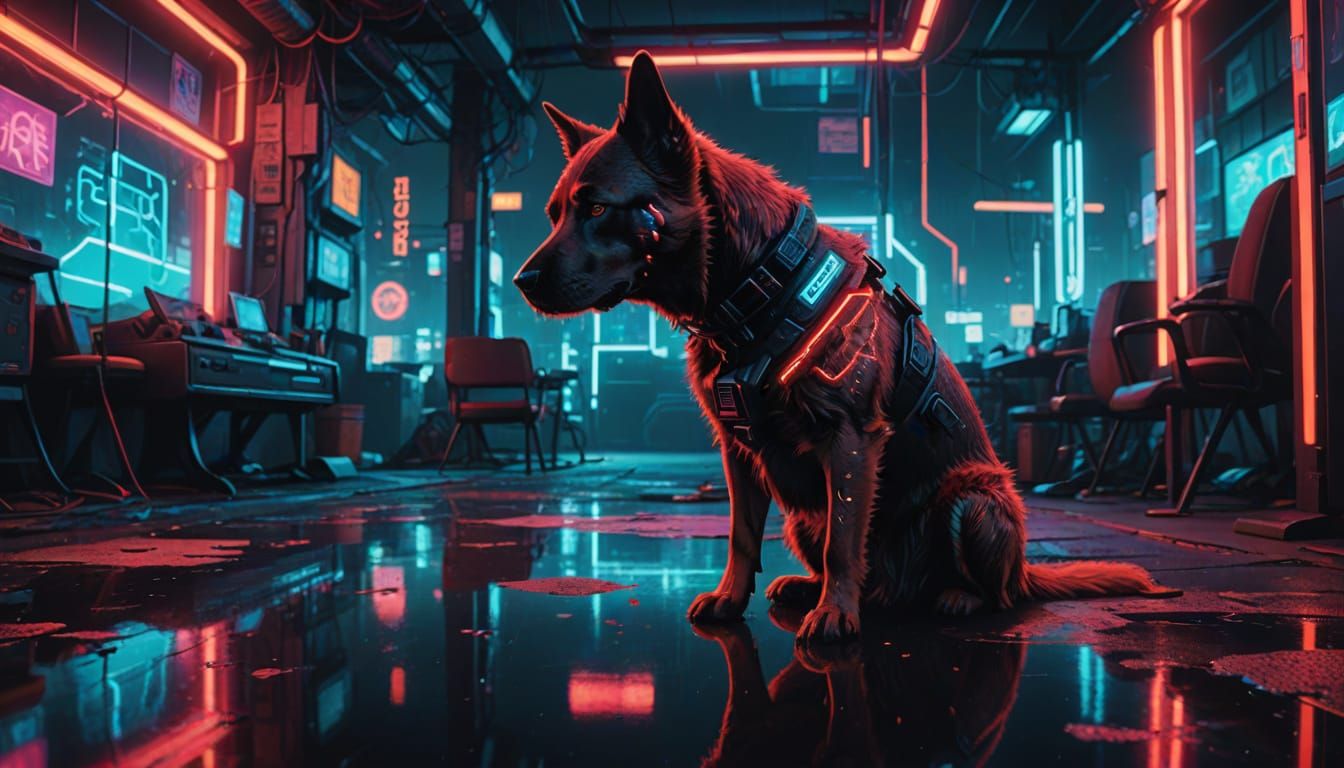 Cyberpunk Dog with Neon Lights and Shadows
