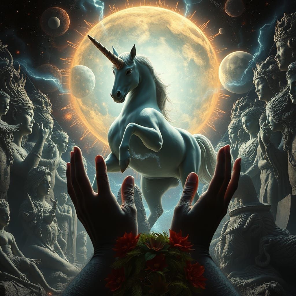 Centaur Emerges in Surreal Sun and Moon Landscape