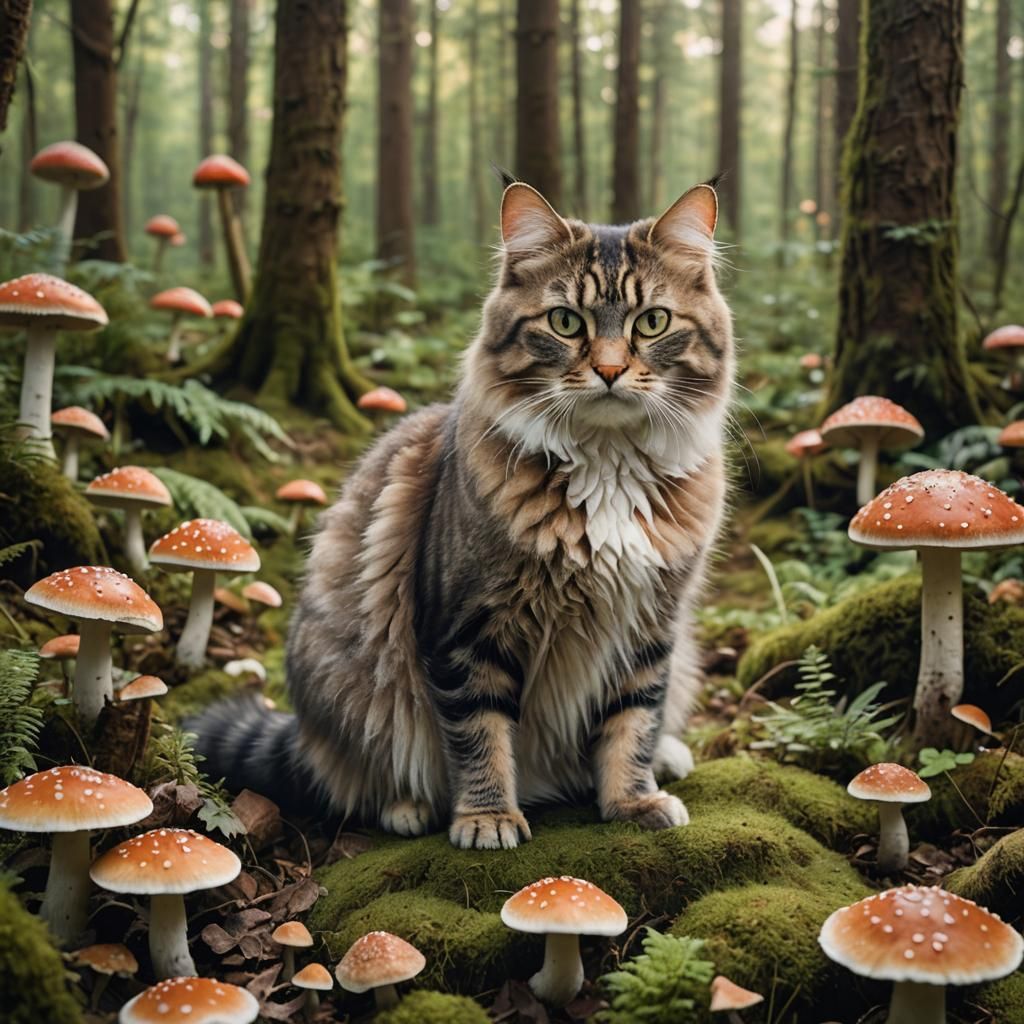 Fluffy Cat in Mushroom Forest: Wildlife Photography